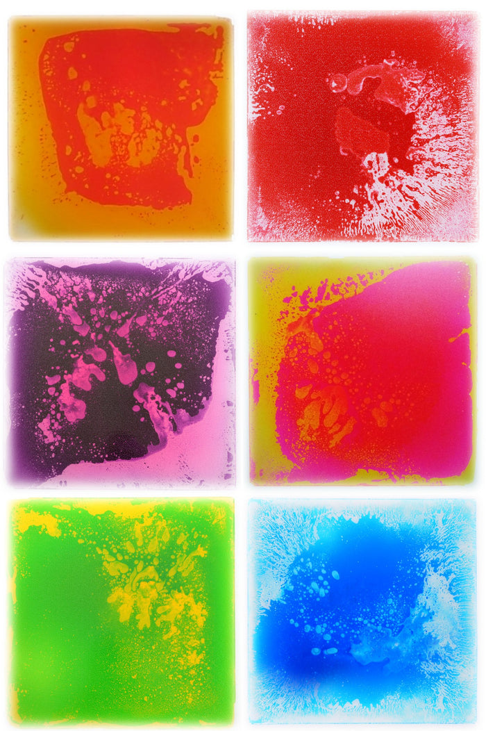 Six square liquid floor tiles in red, orange, purple, pink, green, and blue with swirling splash patterns.