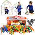 Vibrant straws, star connectors, and wheels with a storage bin and kids playing with heart and cage structures.