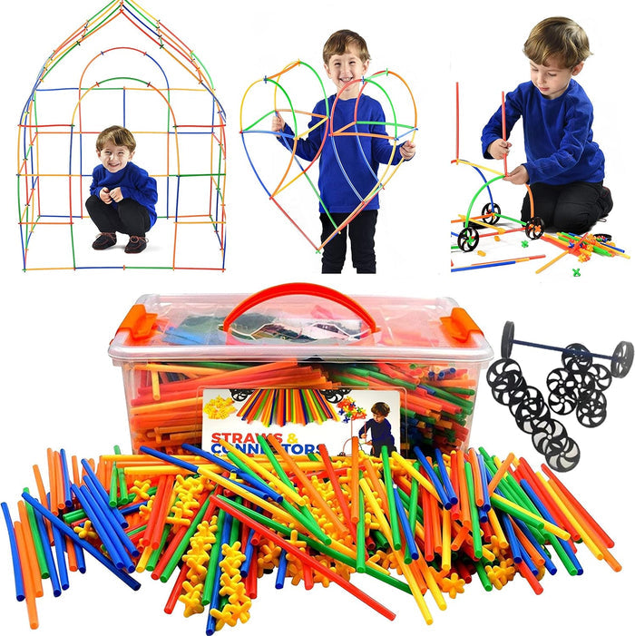 Vibrant straws, star connectors, and wheels with a storage bin and kids playing with heart and cage structures.