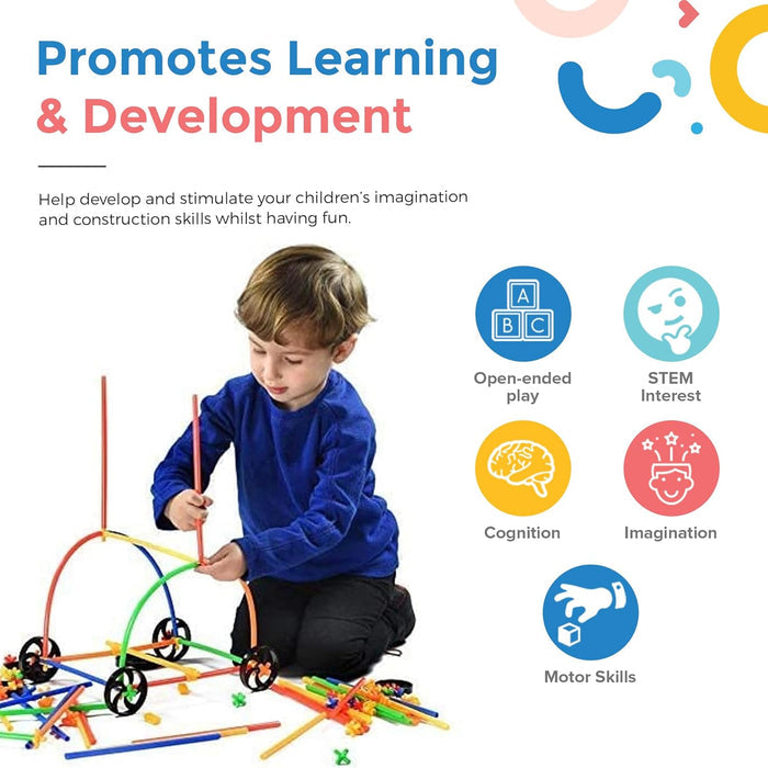 Child building with colorful plastic straws and wheels. Icons list STEM, cognition, and motor skill benefits.