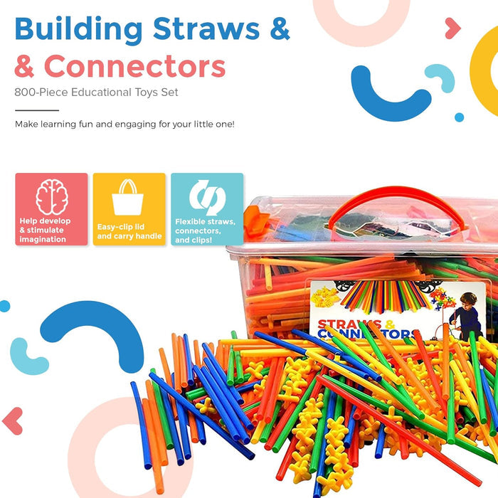 Colorful flexible building straws and yellow connectors spilling from a clear storage bin with a red carry handle.