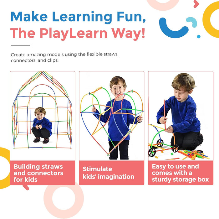 Kids building a large house, heart, and car using colorful flexible straws, plastic connectors, and wheels.