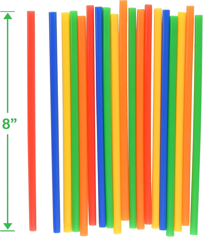 Colorful 8-inch long plastic straws in red, blue, yellow, green, and orange arranged vertically.
