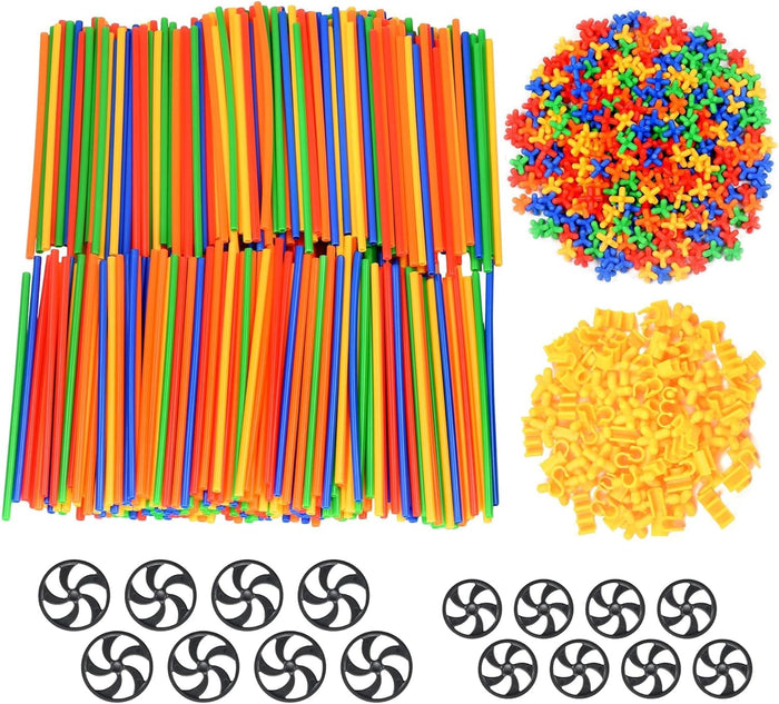 Colorful plastic building straws with multi-colored cross connectors, yellow joints, and 16 black wheels.