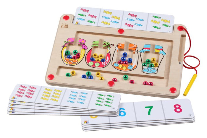 Wooden magnetic counting board with candy jar illustrations, colorful beads, a yellow stylus, and number cards.