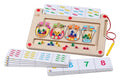 Wooden magnetic counting board with candy jar illustrations, colorful beads, a yellow stylus, and number cards.