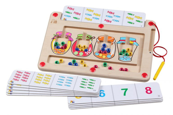 Wooden magnetic sorting board with illustrated candy jars, colorful beads, a magnetic pen, and various counting cards.