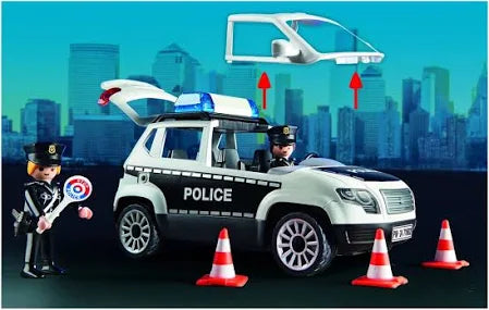 Playmobil police SUV toy with two figures and cones. Removable roof and opening trunk features against a city backdrop.