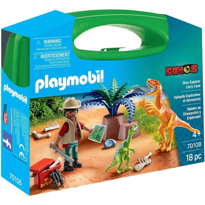 Green carry case featuring an explorer figure, orange T-Rex, small green dinosaur, palm tree, and fossil accessories.