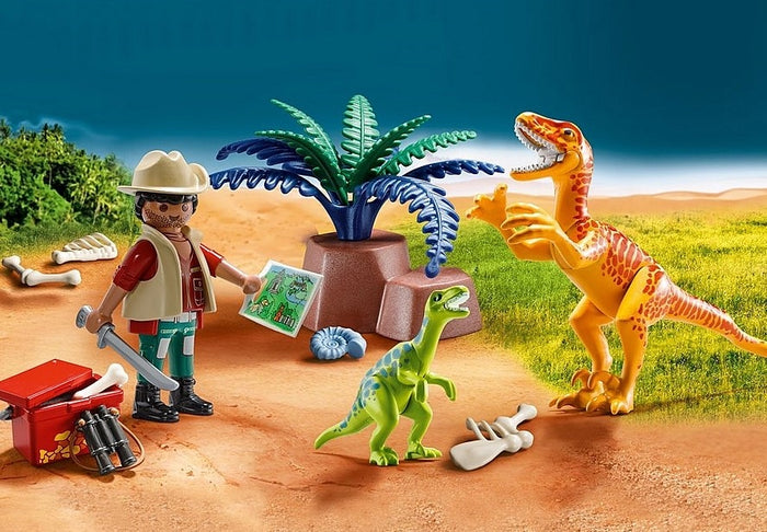 Explorer figure with map, orange raptor, green baby dinosaur, fossils, and blue plant against a desert background.