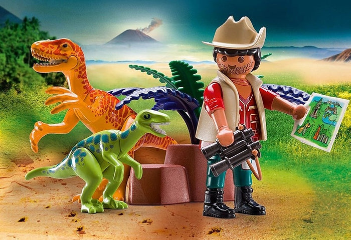 Playmobil explorer figure with map and binoculars next to a large orange raptor and a small green spotted dinosaur.
