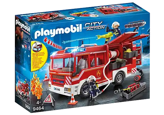 Playmobil 9464 box set featuring a red toy fire engine, two firefighter figures, fire flames, and rescue accessories.