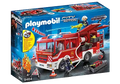 Playmobil 9464 box set featuring a red toy fire engine, two firefighter figures, fire flames, and rescue accessories.