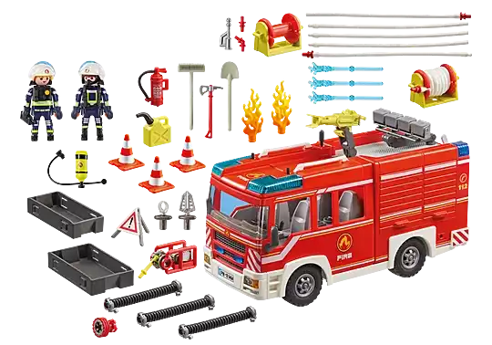 Red toy fire engine with two firefighter figures, hoses, traffic cones, and rescue accessories on a white background.