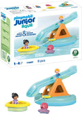 Water toy set with blue seesaw slide, orange base, yellow boat, pink octopus, and two figures for ages 1-4.