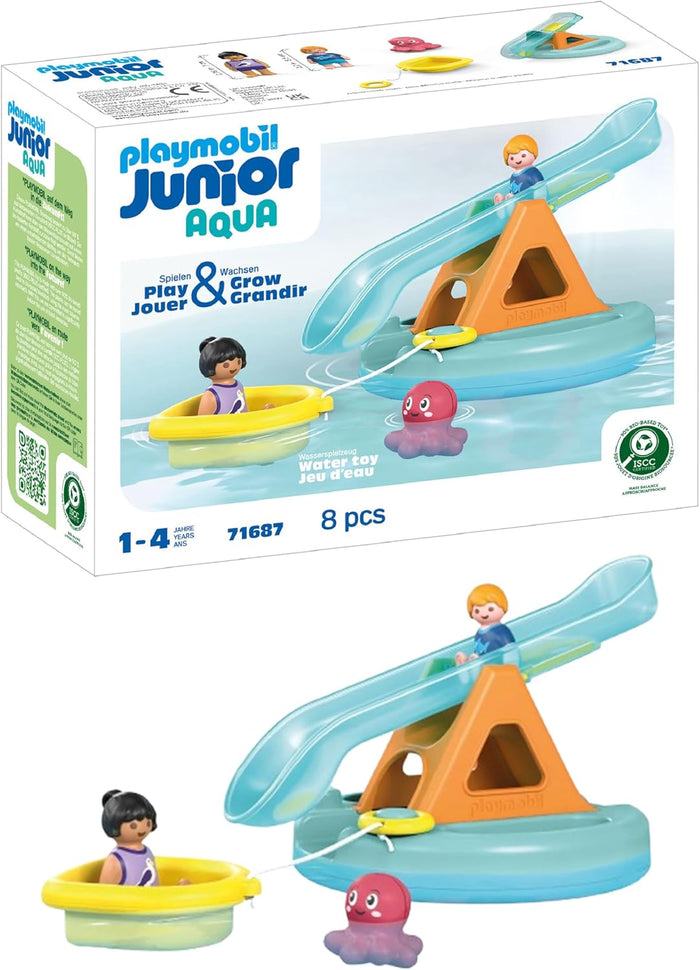 Water toy set with blue seesaw slide, orange base, yellow boat, pink octopus, and two figures for ages 1-4.