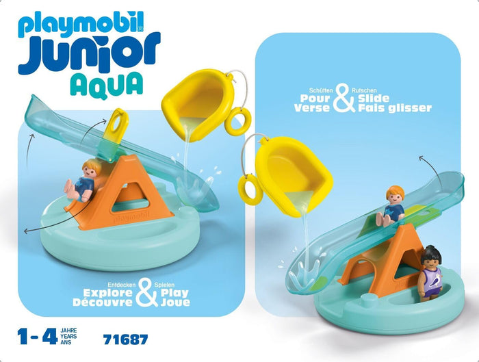 Playmobil Junior Aqua water slide toy with a blue base, orange slide, yellow scoops, and figures for ages 1-4.