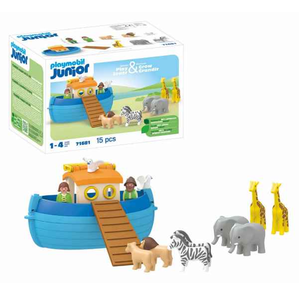 Blue toy ark with orange roof, ramp, figures, and pairs of giraffes, elephants, zebras, and lions with its box.