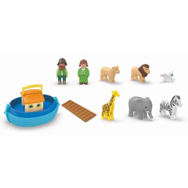 Blue toy boat and ramp with two figurines and animals: giraffe, elephant, zebra, lions, and a bird on white background.