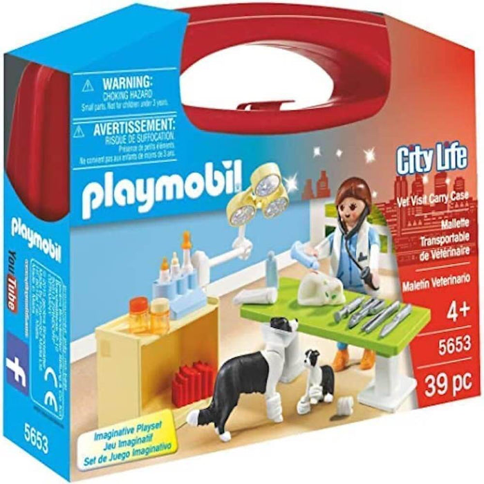 Red Playmobil carry case showing a toy veterinarian treating a dog and cat with medical tools.