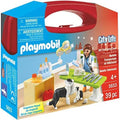 Red Playmobil carry case showing a toy veterinarian treating a dog and cat with medical tools.