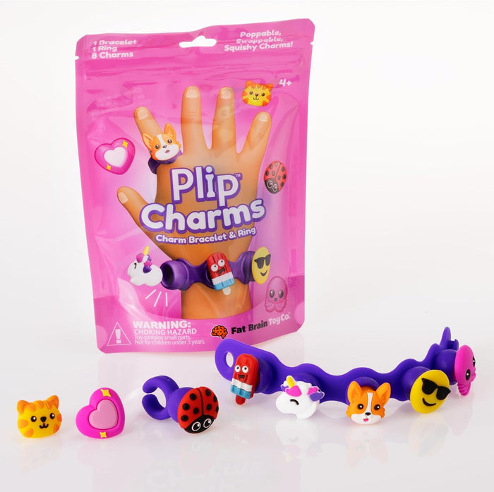 Pink packaging for Plip Charms with a purple bracelet, ring, and several squishy animal and emoji charms.