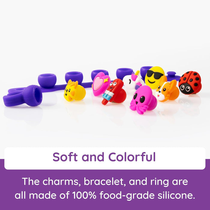 Purple silicone bracelet and ring with colorful charms like a cat, heart, and ladybug. Made of food-grade silicone.