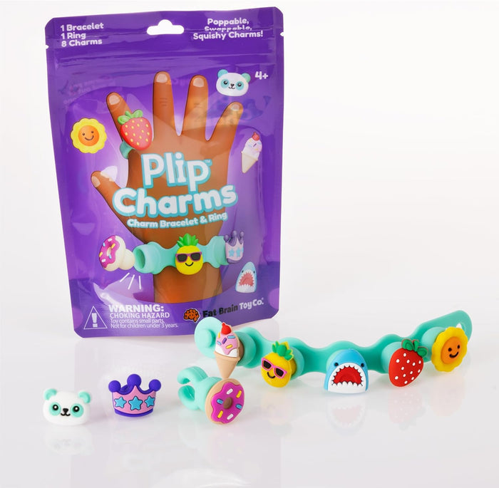 Teal silicone charm bracelet and ring set with colorful squishy charms shown next to its purple bag packaging.