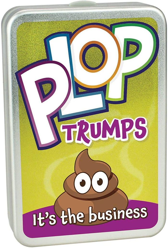 Silver metal game tin with stylized Plop Trumps text, a cartoon poop character, and slogan It's the business.