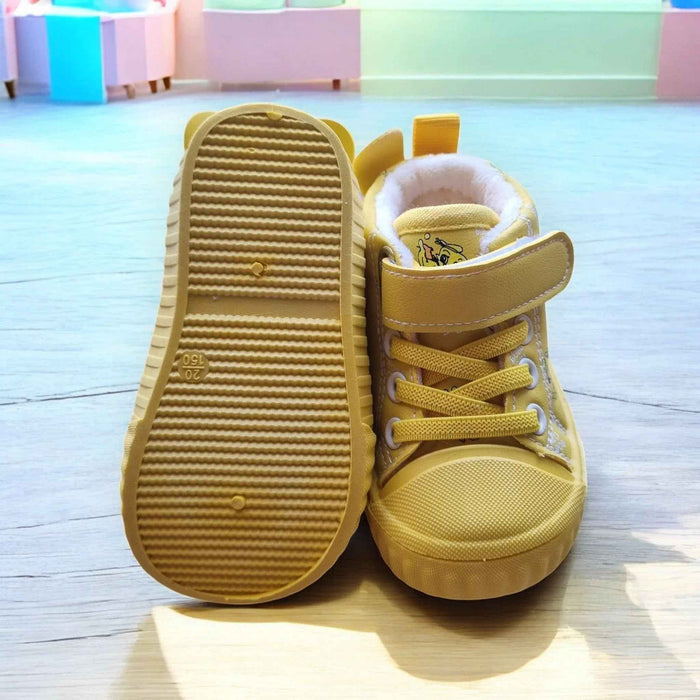Happy Feet NZ Plush High-Tops in soft fabric with playful design, showcasing secure fit and vibrant colors.