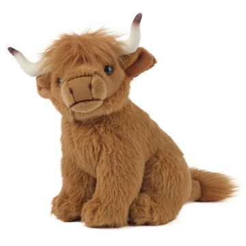 Sitting plush highland calf toy with shaggy ginger fur, white pointed horns, and large black eyes.