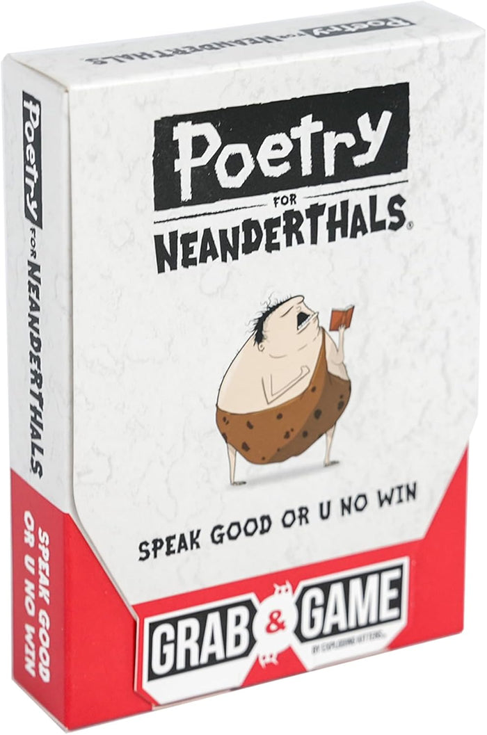 White and red portable game box featuring a cartoon caveman and the text Speak Good or U No Win.