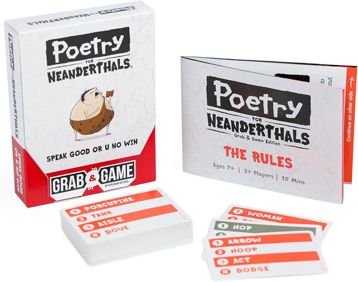 White and red game box with a cartoon caveman, instruction booklet, and stacks of word cards with red and grey stripes.