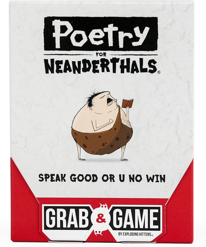 White and red box with a cartoon caveman reading a book. Bold black text reads Speak good or u no win.