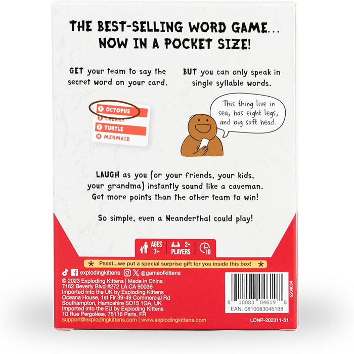 Back of white and red game box with instructions, a cartoon caveman illustration, sample word card, and game specs.