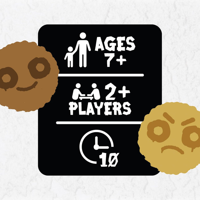 Game specs: Ages 7+, 2+ players, 10 minutes. Includes happy brown and angry tan fuzzy round character illustrations.