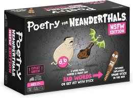 Black game box for Poetry for Neanderthals NSFW Edition with pink accents, caveman art, and an inflatable club.