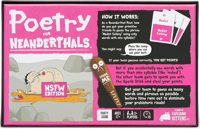 Pink board game box for Poetry for Neanderthals NSFW Edition with a caveman illustration and an inflatable Spank Stick.