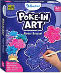 Skillmatics flower craft box featuring vibrant pink and blue fabric blooms and a hand demonstrating the poking tool.