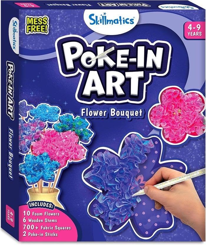 Skillmatics flower craft box featuring vibrant pink and blue fabric blooms and a hand demonstrating the poking tool.