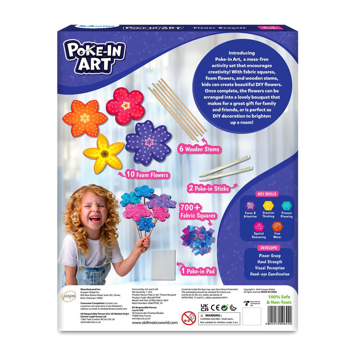 Back of Poke-In Art box showing colorful foam flowers, wooden stems, fabric squares, and a girl holding a bouquet.