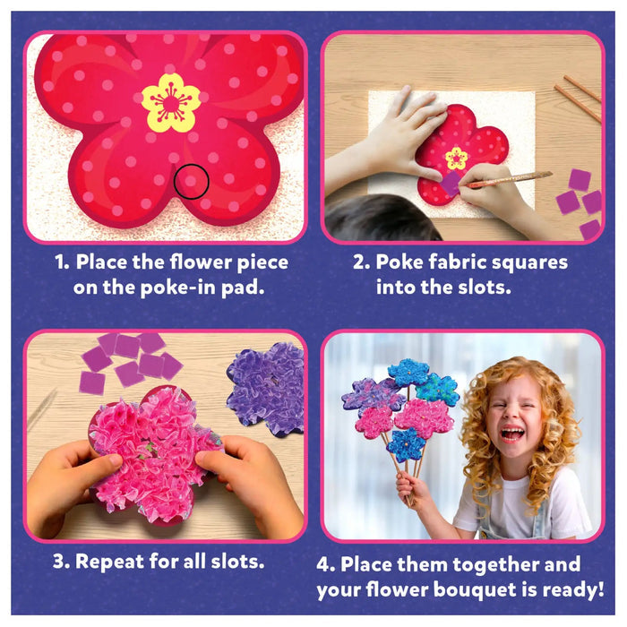 Four panels show how to poke colorful fabric squares into flower shapes to create a finished 3D textured bouquet.