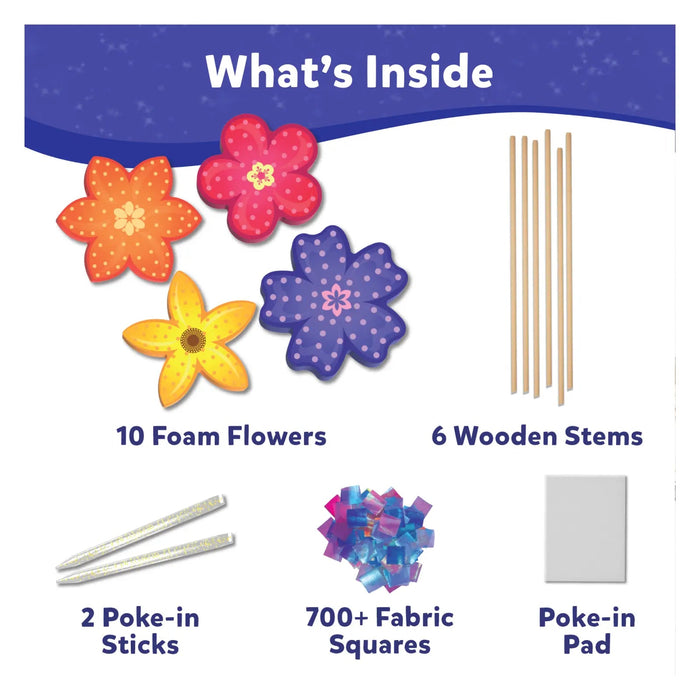 Product components: 10 foam flowers, 6 wooden stems, 2 glittery sticks, 700+ fabric squares, and a white poke-in pad.