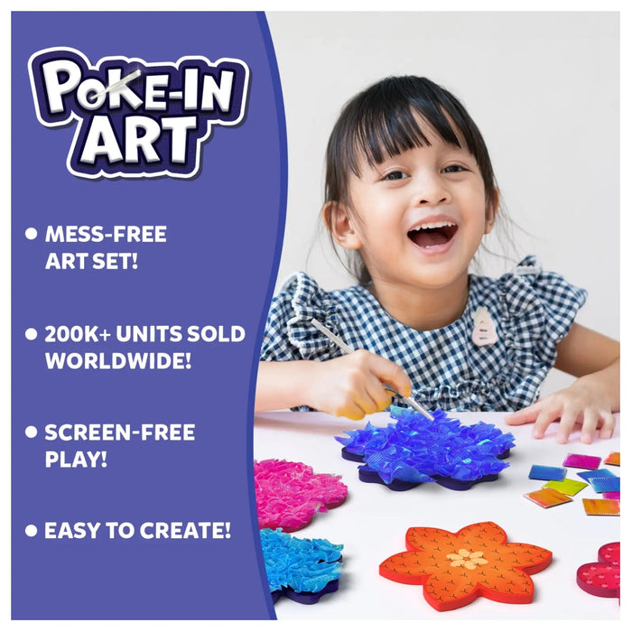 Smiling girl uses a stylus to poke colorful fabric into flower bases. Text highlights mess-free, screen-free art.