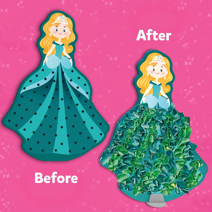 Before and after comparison showing a flat princess cutout transformed with fabric pieces into a 3D ruffled gown.