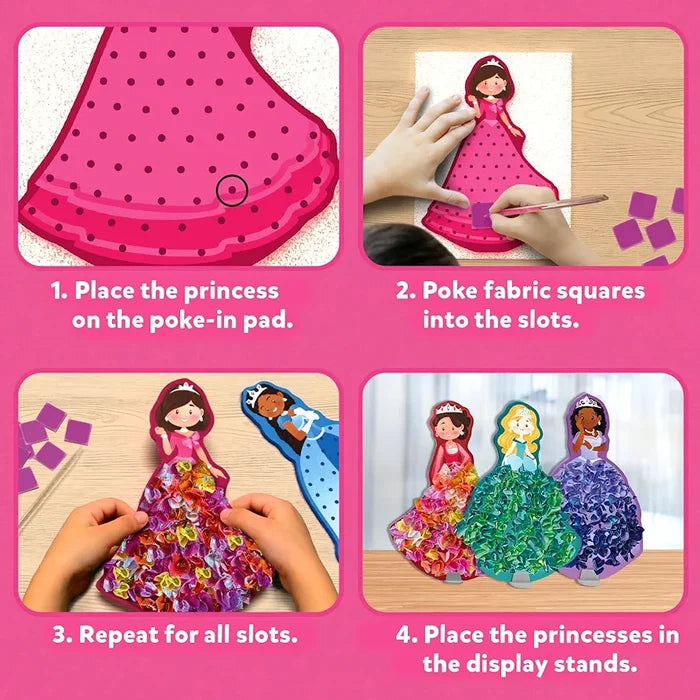 Four-step guide to poking colorful fabric squares into princess figures to create textured 3D dresses.