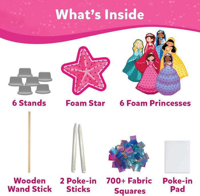 What's Inside: 6 stands, pink star, 6 princesses, wooden wand stick, 2 poke-in sticks, fabric squares, and foam pad.