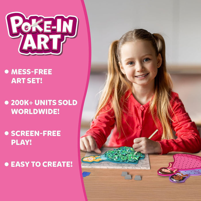 Child in a red sweater pokes fabric into a princess craft. Pink background lists features like mess-free art.