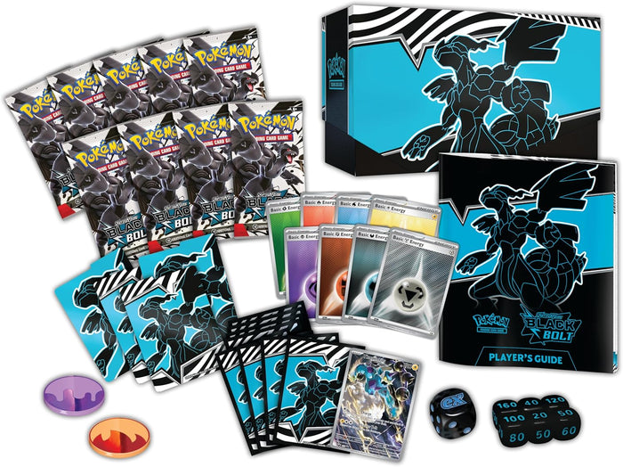 Black and blue dragon-themed card set with storage box, booster packs, sleeves, energy cards, and game dice.