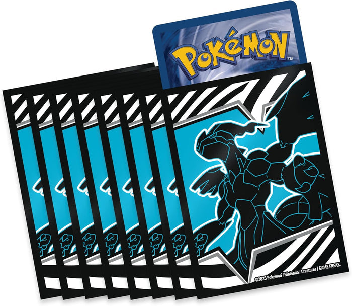 Fanned cyan and black card sleeves featuring a blue-outlined dragon silhouette and black and white striped accents.